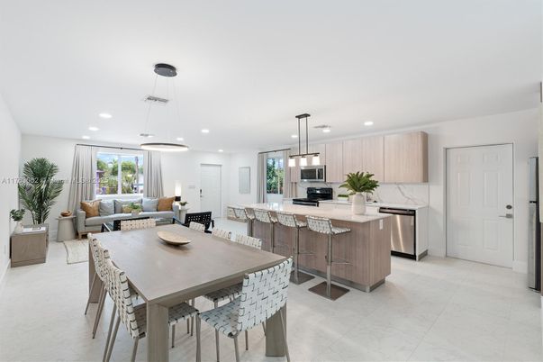Dining room, Interior, Kitchen, Living room, Pendant Lights, Recessed Lighting, Stainless Steel Appliances