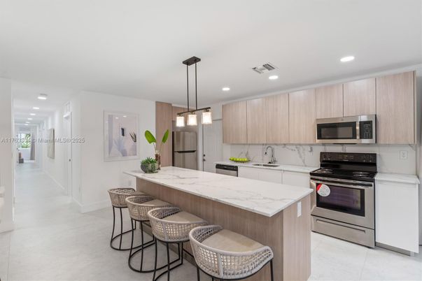 Interior, Kitchen, Marble, Pendant Lights, Recessed Lighting, Stainless Steel Appliances