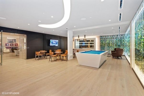 Billiard Table, Dining room, Game Room, Interior, Pendant Lights, Recessed Lighting, Wood Texture Flooring