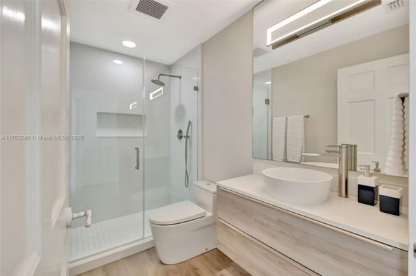 Bathroom, Glass Shower, Interior, Recessed Lighting, Wood Texture Flooring