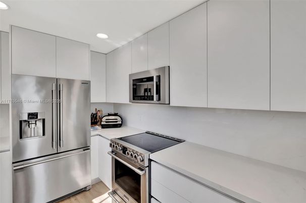 Interior, Kitchen, Recessed Lighting, Stainless Steel Appliances, Wood Texture Flooring