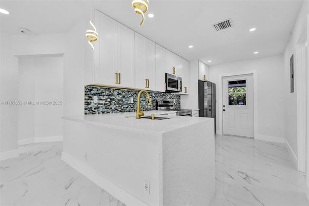 Interior, Kitchen, Marble, Pendant Lights, Recessed Lighting, Stainless Steel Appliances