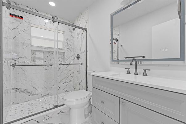Bathroom, Glass Shower, Interior, Marble, Marble Walls, Recessed Lighting