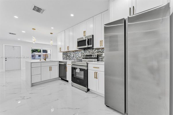 Interior, Kitchen, Marble, Pendant Lights, Recessed Lighting, Stainless Steel Appliances