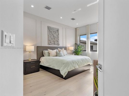 Bedroom, Interior, Recessed Lighting, Wood Texture Flooring