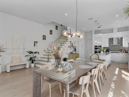 Dining room, Interior, Kitchen, Pendant Lights, Recessed Lighting, Stainless Steel Appliances, Wood Texture Flooring