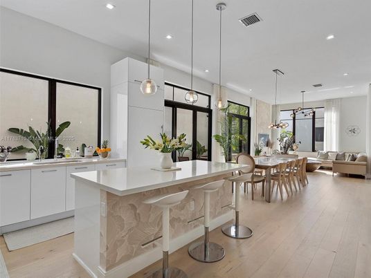 Dining room, Interior, Pendant Lights, Recessed Lighting, Wood Texture Flooring