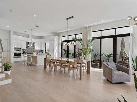 Dining room, Interior, Kitchen, Pendant Lights, Recessed Lighting, Stainless Steel Appliances, Wood Texture Flooring