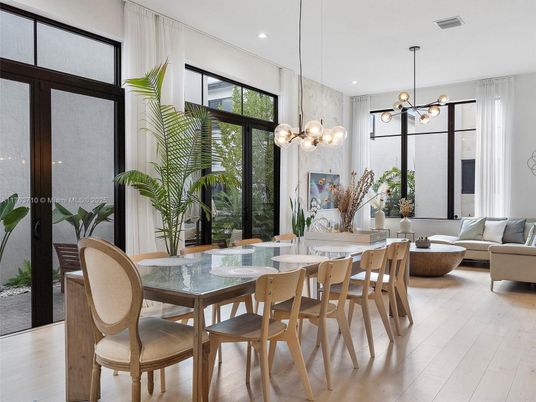 Dining room, Interior, Living room, Pendant Lights, Recessed Lighting, Wood Texture Flooring