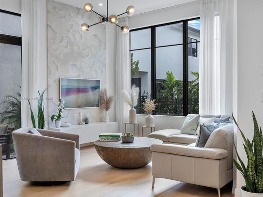 Interior, Living room, Pendant Lights, Wood Texture Flooring