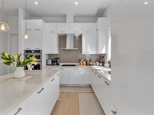 Interior, Kitchen, Pendant Lights, Recessed Lighting, Stainless Steel Appliances, Wood Texture Flooring