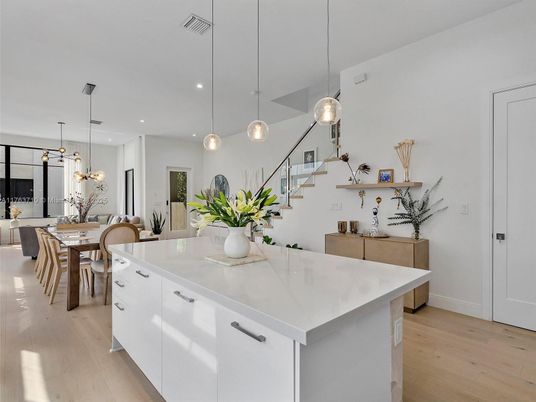 Dining room, Interior, Kitchen, Pendant Lights, Recessed Lighting, Wood Texture Flooring