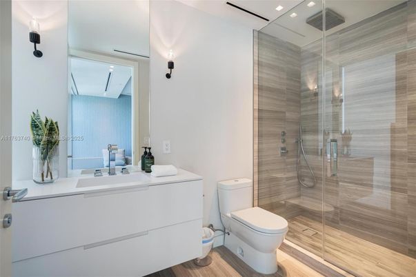 Bathroom, Glass Shower, Interior, Recessed Lighting, Wood Texture Flooring