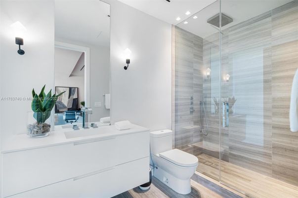 Bathroom, Glass Shower, Interior, Recessed Lighting, Wood Texture Flooring