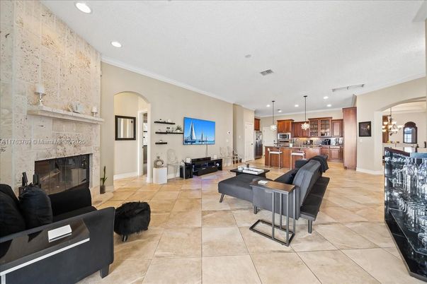 Fireplace, Interior, Kitchen, Living room, Pendant Lights, Recessed Lighting