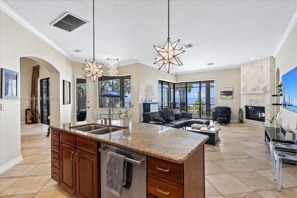 Dining room, Fireplace, Interior, Kitchen, Living room, Pendant Lights, Recessed Lighting