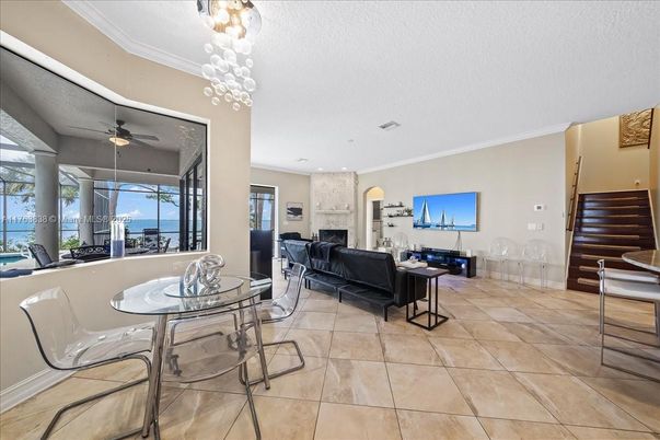 Dining room, Fireplace, Interior, Living room, Pendant Lights, Recessed Lighting, Water