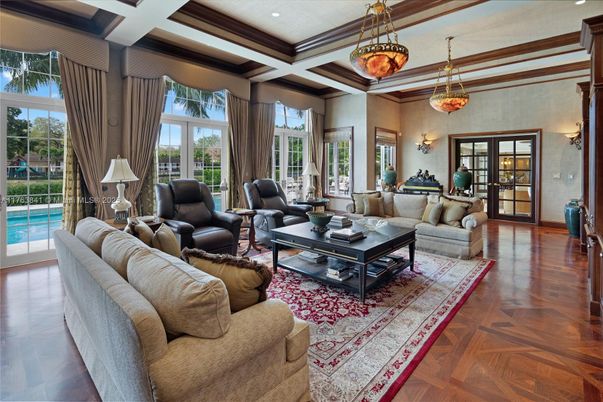 Interior, Living room, Pendant Lights, Recessed Lighting, Wooden Beams, Wood Texture Flooring