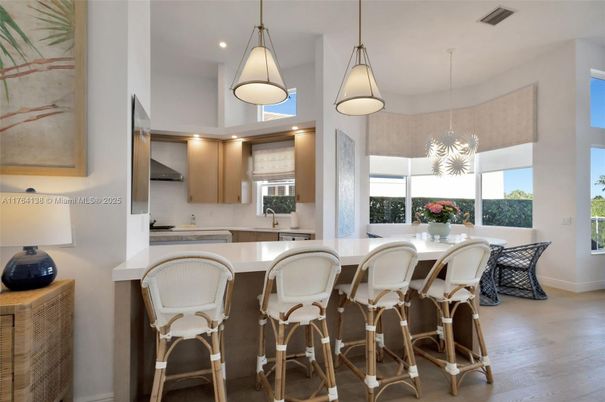 Dining room, Interior, Kitchen, Pendant Lights, Recessed Lighting, Wood Texture Flooring