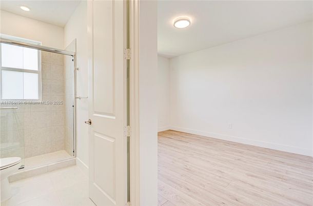 Bathroom, Glass Shower, Interior, Recessed Lighting, Wood Texture Flooring