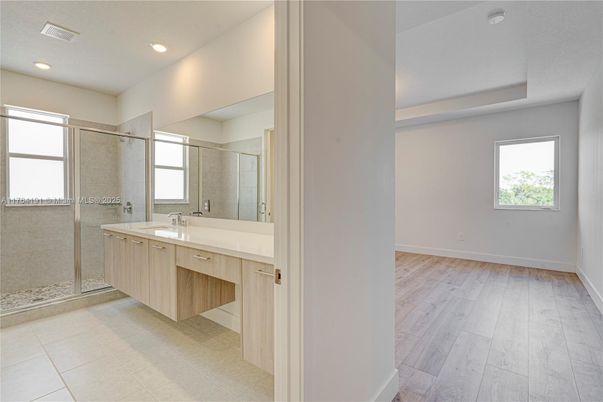 Bathroom, Glass Shower, Interior, Recessed Lighting, Wood Texture Flooring