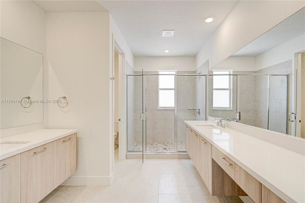 Bathroom, Dual Sink Vanities, Glass Shower, Interior, Recessed Lighting