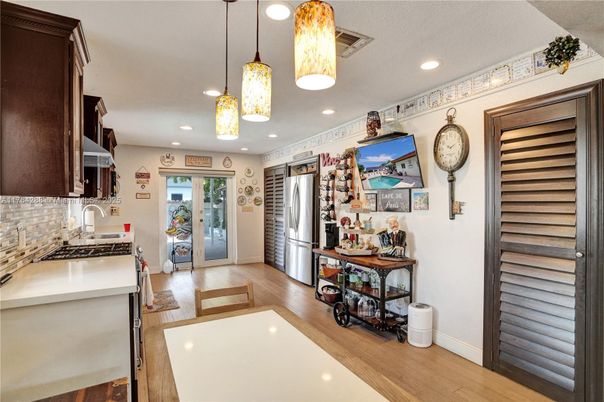 Interior, Kitchen, Pendant Lights, Recessed Lighting, Wood Texture Flooring