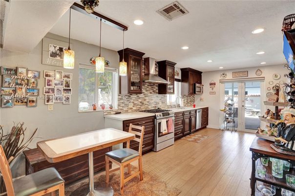 Interior, Kitchen, Pendant Lights, Recessed Lighting, Stone Walls, Wood Texture Flooring