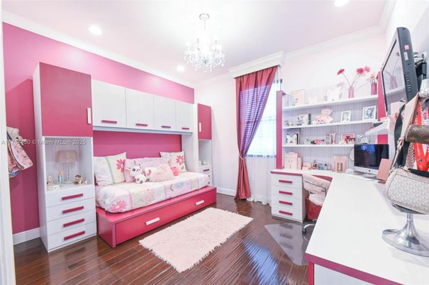 Bedroom, Chandelier, Home Office, Interior, Recessed Lighting, Wood Texture Flooring