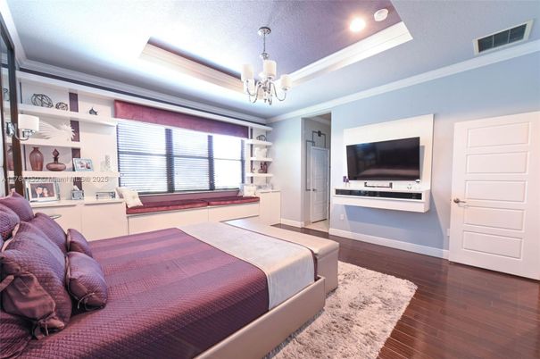 Bedroom, Chandelier, Interior, Recessed Lighting, Wood Texture Flooring