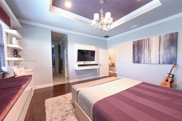 Bedroom, Chandelier, Interior, Recessed Lighting, Wood Texture Flooring