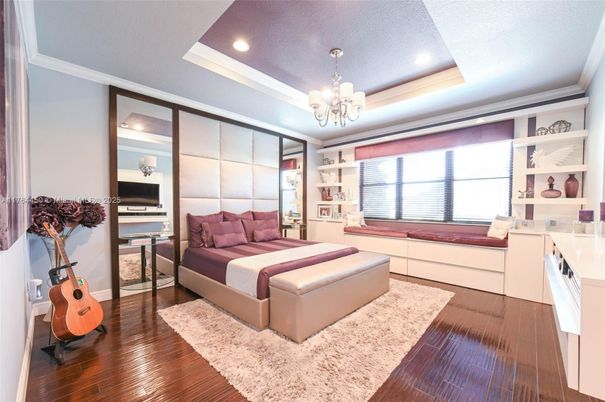 Bedroom, Chandelier, Interior, Recessed Lighting, Wood Texture Flooring
