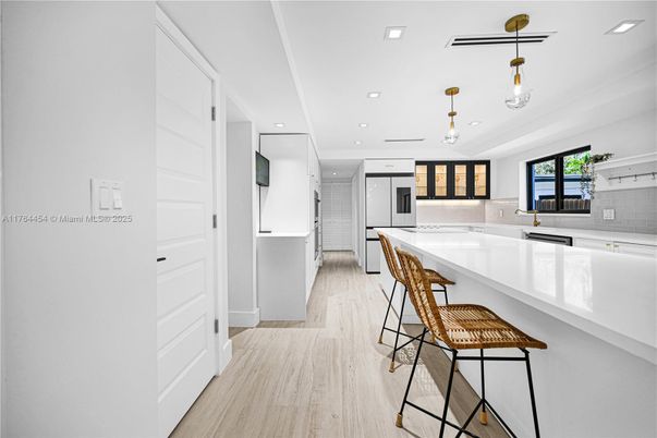 Interior, Kitchen, Pendant Lights, Recessed Lighting, Wood Texture Flooring
