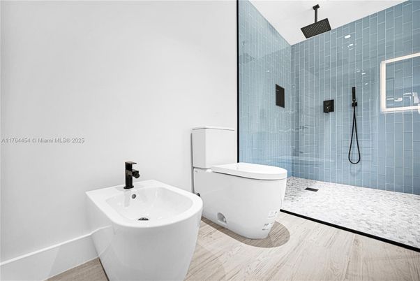 Bathroom, Free Standing Baths, Glass Shower, Interior, Wood Texture Flooring