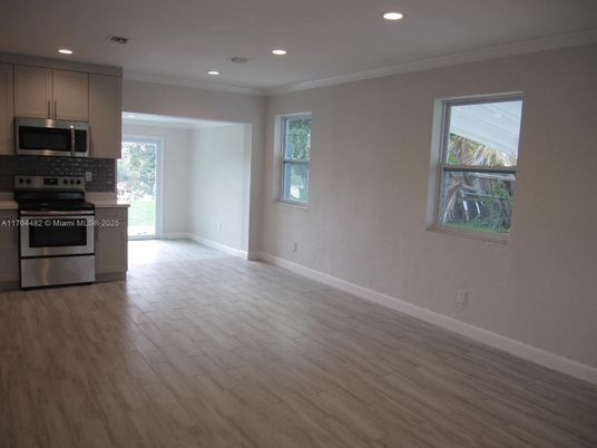 Interior, Kitchen, Recessed Lighting, Stainless Steel Appliances, Wood Texture Flooring
