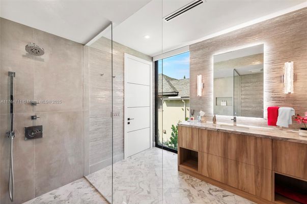 Bathroom, Dual Sink Vanities, Glass Shower, Interior, Marble, Recessed Lighting