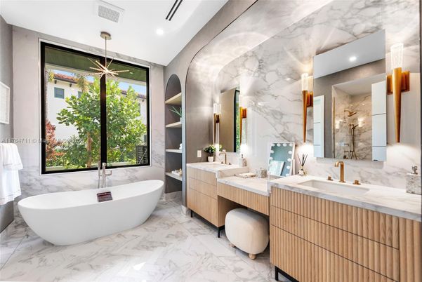 Bathroom, Dual Sink Vanities, Free Standing Baths, Interior, Marble, Marble Walls, Recessed Lighting