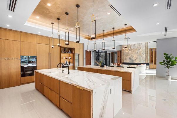 Interior, Kitchen, Marble Walls, Pendant Lights, Recessed Lighting