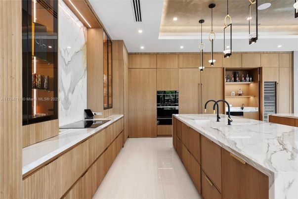 Interior, Kitchen, Marble Walls, Pendant Lights, Recessed Lighting