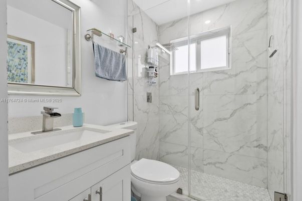 Bathroom, Glass Shower, Interior, Marble Walls, Recessed Lighting