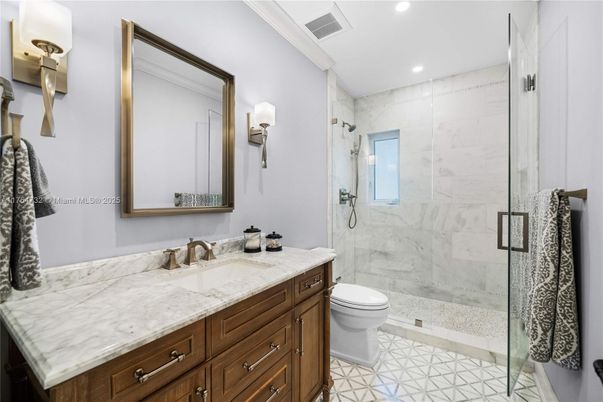 Bathroom, Glass Shower, Interior, Marble Walls, Recessed Lighting