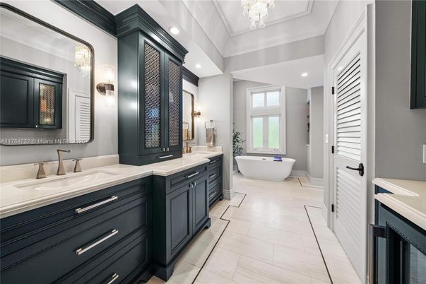 Bathroom, Dual Sink Vanities, Free Standing Baths, Interior, Marble, Recessed Lighting