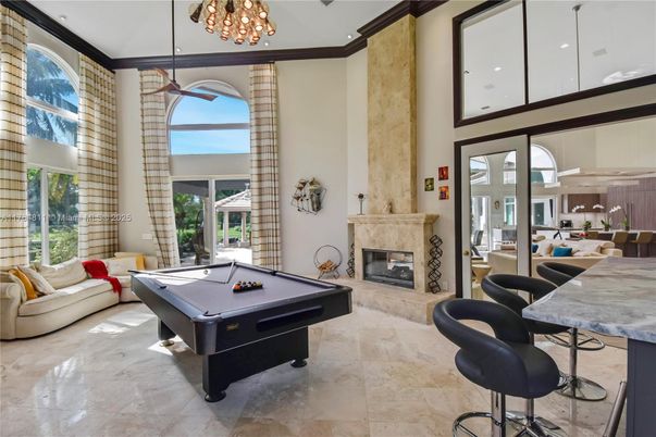 Billiard Table, Fireplace, Game Room, Interior, Pendant Lights, Recessed Lighting