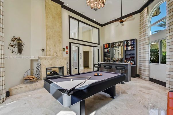 Billiard Table, Fireplace, Game Room, Interior, Pendant Lights, Recessed Lighting