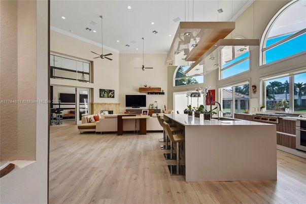 Interior, Kitchen, Living room, Pendant Lights, Recessed Lighting, Wood Texture Flooring