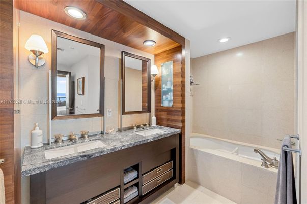 Bathroom, Dual Sink Vanities, Interior, Recessed Lighting, Wooden Ceilings, Wooden Walls