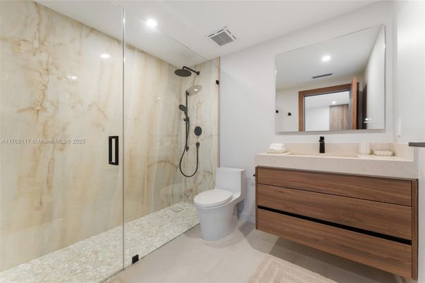 Bathroom, Glass Shower, Interior, Marble Walls, Recessed Lighting