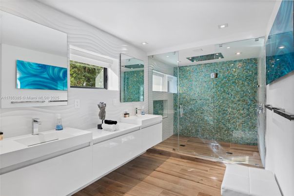 Bathroom, Dual Sink Vanities, Glass Shower, Interior, Recessed Lighting, Wood Texture Flooring