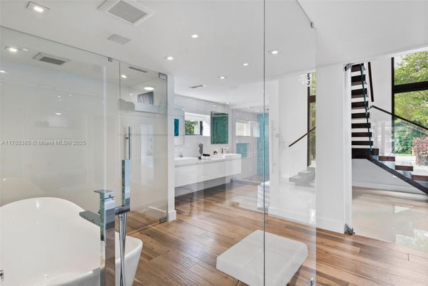 Bathroom, Glass Shower, Interior, Recessed Lighting, Wood Texture Flooring