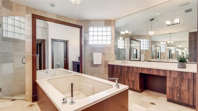 Bathroom, Dual Sink Vanities, Glass Shower, Interior, Pendant Lights, Recessed Lighting